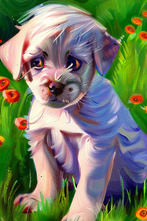 AI generated art representing "puppy, with wide eyes, playing in the flowers, beautiful summers day. "