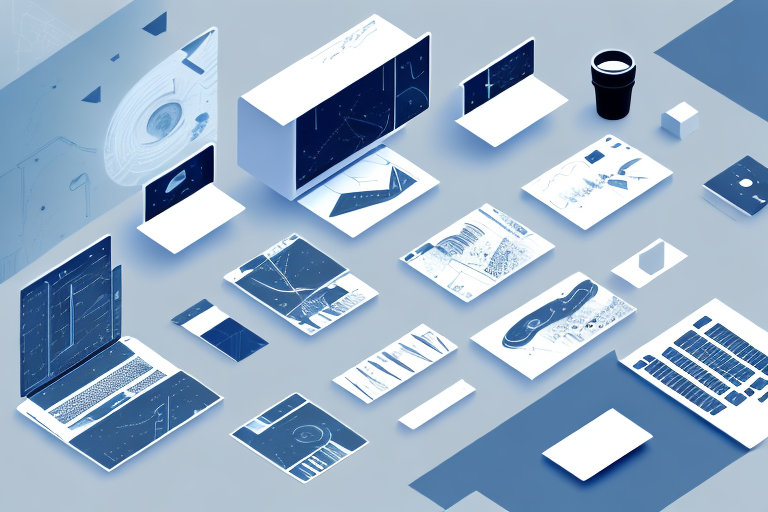 a futuristic workspace with a variety of tools for lead generation, hand-drawn abstract illustration for a company blog, in style of corporate memphis, faded colors, white background, professional, minimalist, clean lines