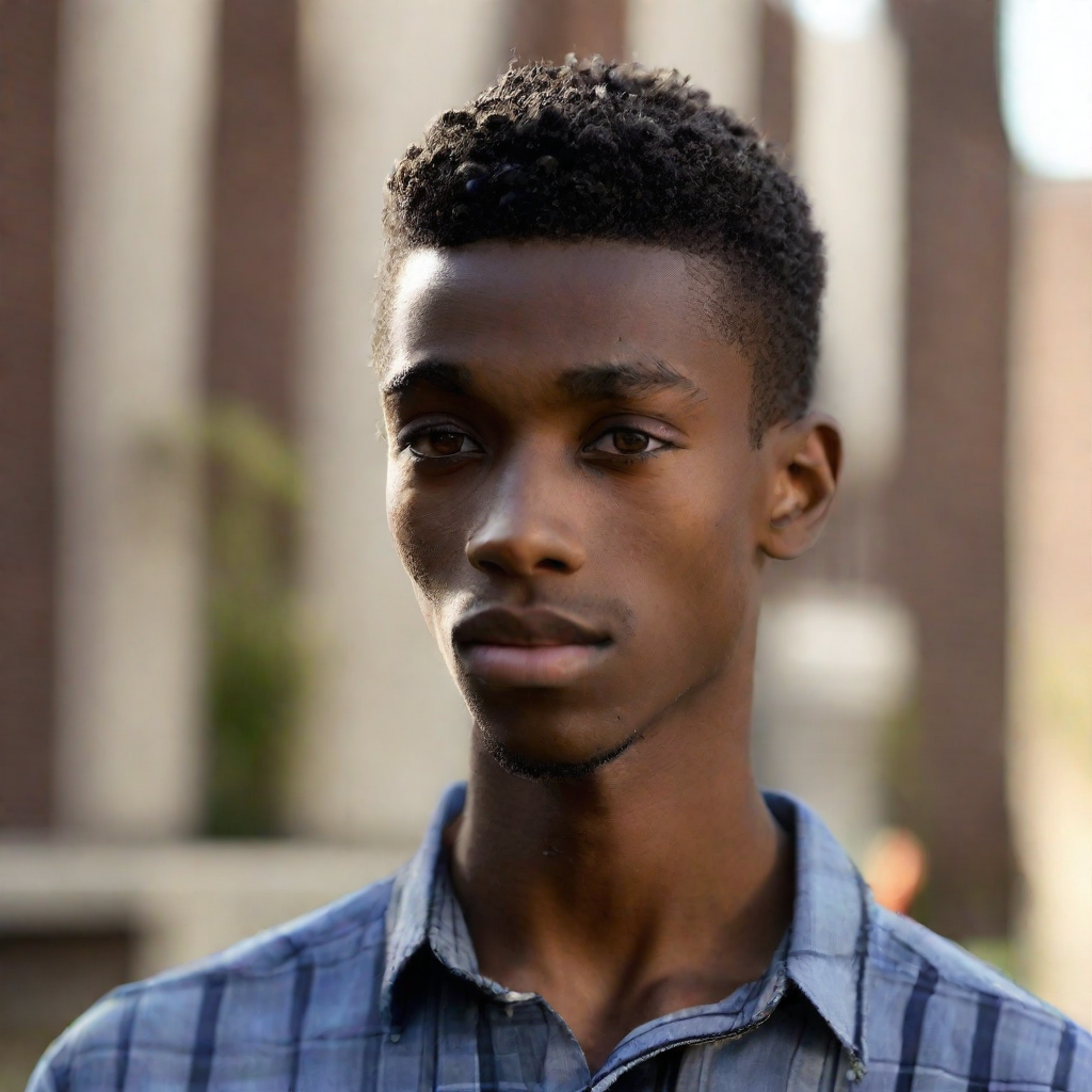 front shot, photo of Black male, skinny, approximately 5’8”, high school age  looks at viewer, cinematic shot