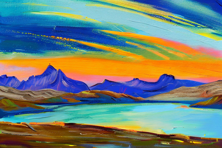 AI generated art representing "The Cordillera del Paine glows with an ethereal light, the sun setting in the summer sky as a golden hue. An abstract landscape of vibrant tones, the symmetry of the scene creating a strong sense of harmony. The light is soft but the colours are bold, a mix of pastels blended together in a dreamy palette."