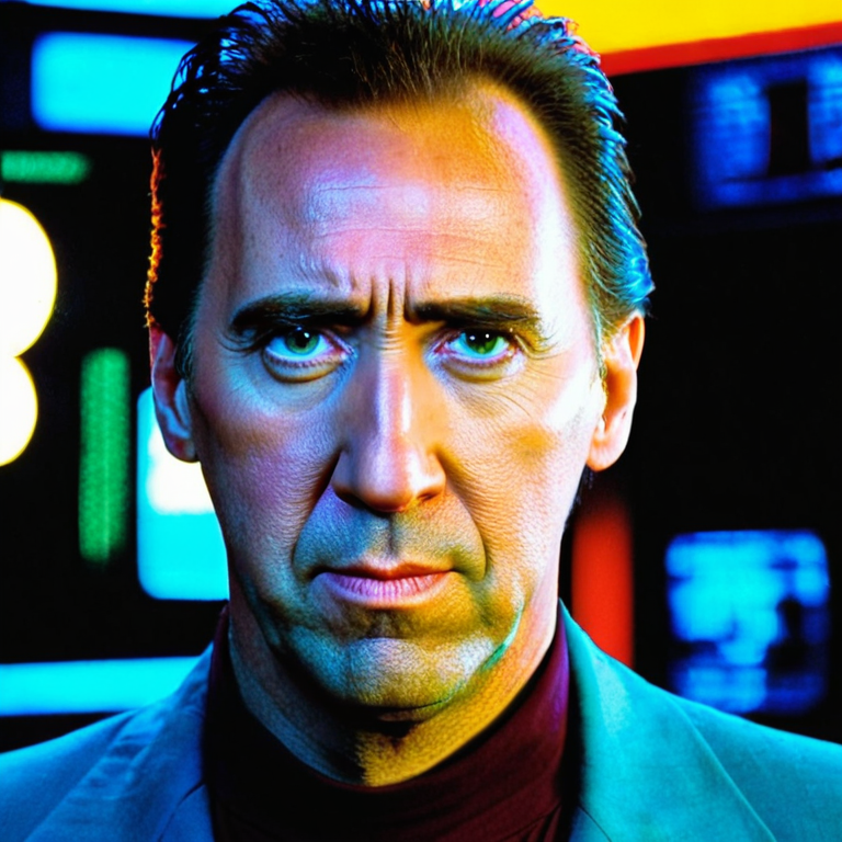 front shot, actor photo of a Nicholas cage Homer Simpson  looks at viewer, cinematic shot