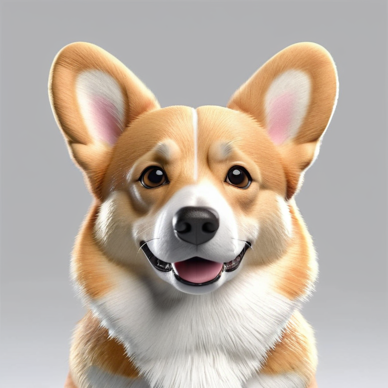 white background, front shot studio 3D render of caramel corgi, cinematic shot