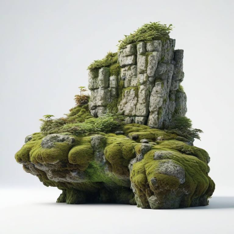 white background, front shot studio 3D render of mossy cliff  looks at viewer, cinematic shot