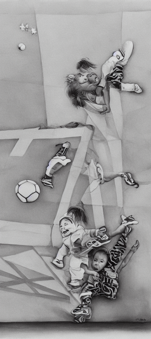 Draw a picture of a child kicking a ball on the white wall