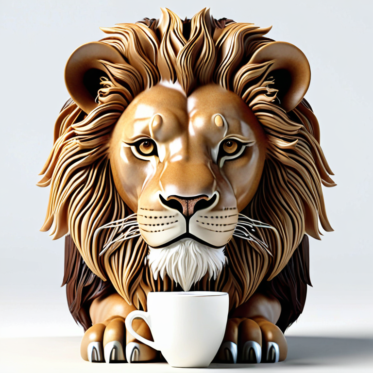 white background, front shot studio 3D render of espresso lion  looks at viewer, cinematic shot