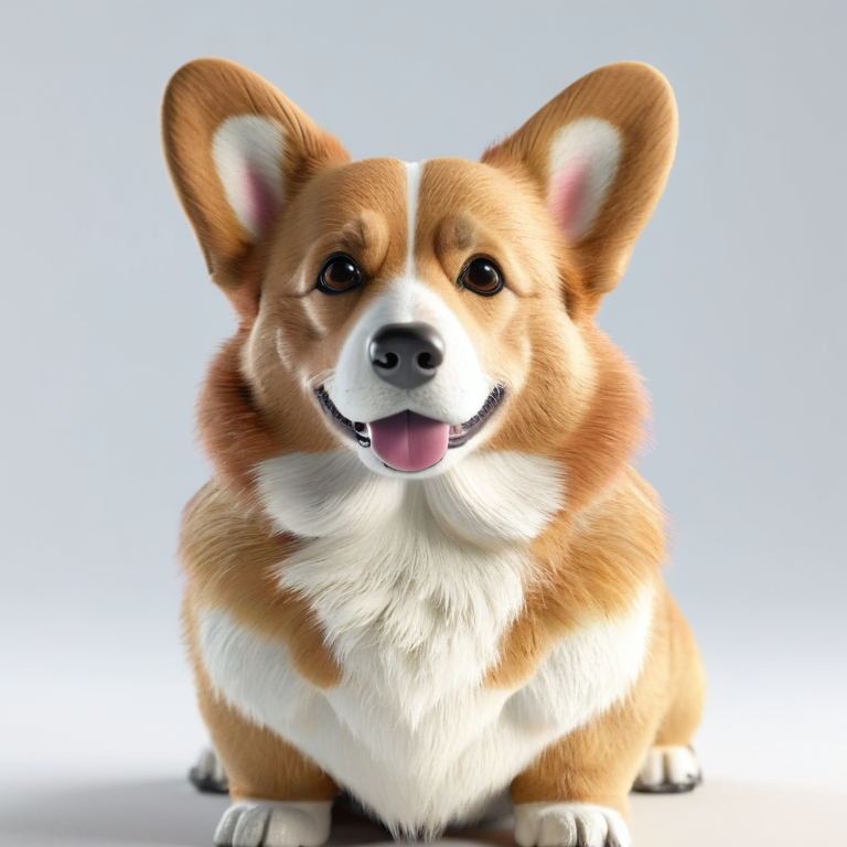 white background, front shot studio 3D render of corgi, cinematic shot