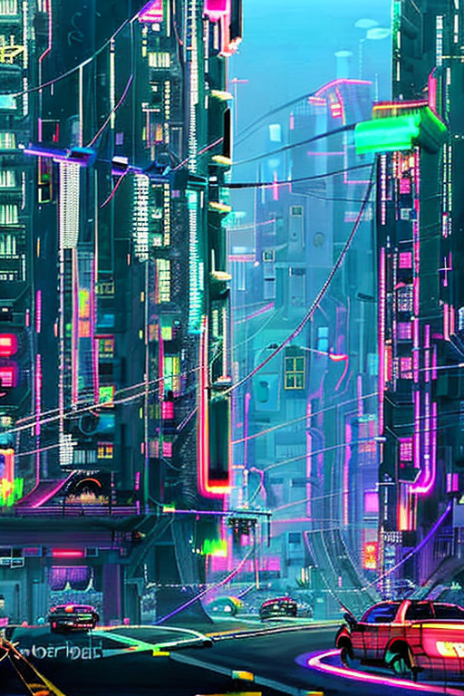AI generated art representing "A vibrant and chaotic Tokyo cityscape, where the skyline is alive with the pulse of neon and the rumble of streetcars. Sleek curves, saturated colors, cyber-glow, and a pervasive yet subtle fog."
