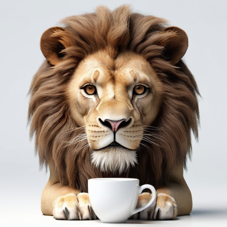 white background, front shot studio 3D render of espresso lion  looks at viewer, cinematic shot