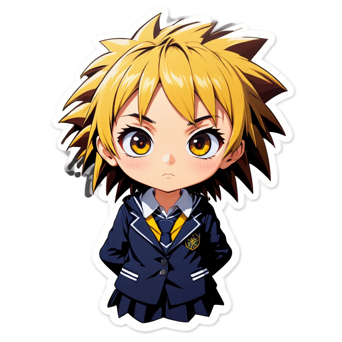 spiky hair, big eyes, wearing a school uniform anime stickers