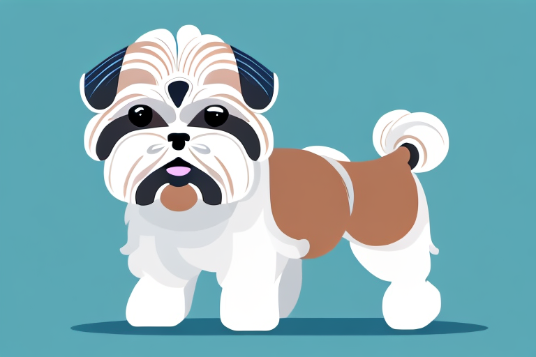 a Shih Tzu dog receiving a vaccination in a veterinary clinic, hand-drawn abstract illustration for a company blog, in style of corporate memphis, faded colors, white background, professional, minimalist, clean lines