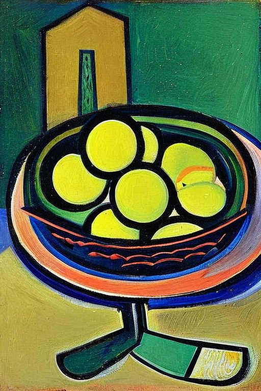 AI generated art representing "lemons and limes, in a bowl, on a dining table."