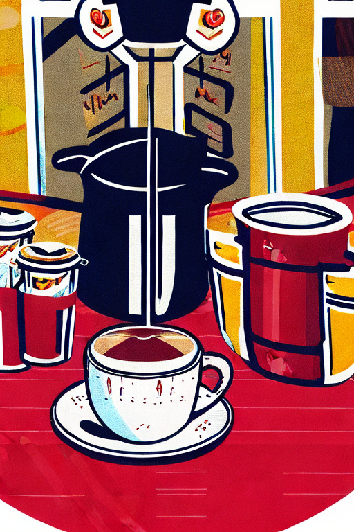 AI generated art representing "A cafetiere oozing aromas onto a quaint coffeeshop table, radiating a vibrant, cheerful light. A summer morning, alive with excitement and vibrancy, with bold, vivid shades of red, orange and magenta, complemented by light, muted tones of beige and white."