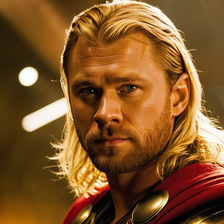 front shot, actor photo of a Blond Thor  looks at viewer, cinematic shot