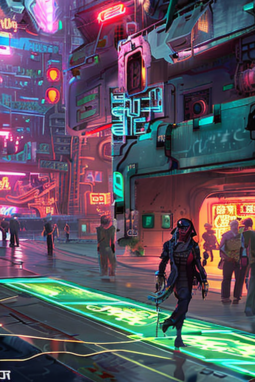 An AI generated image representing "A bustling cyberpunk marketplace filled with diverse vendors selling futuristic gadgets, exotic street food, and people with various cybernetic enhancements."