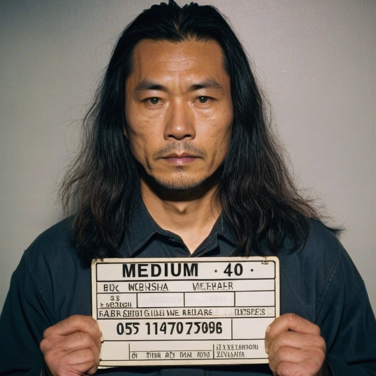 front shot, mugshot photo of a Asian man 40s medium length long hair  looks at viewer, cinematic shot