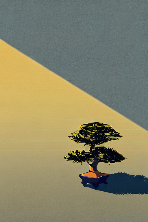 AI generated art representing "A bonsai tree is softly framed by a graphic design print in a minimalist colour palette. The illustration conveys a tranquil atmosphere, with warm shades of yellow, soft textures, and a bright sun setting in the background."