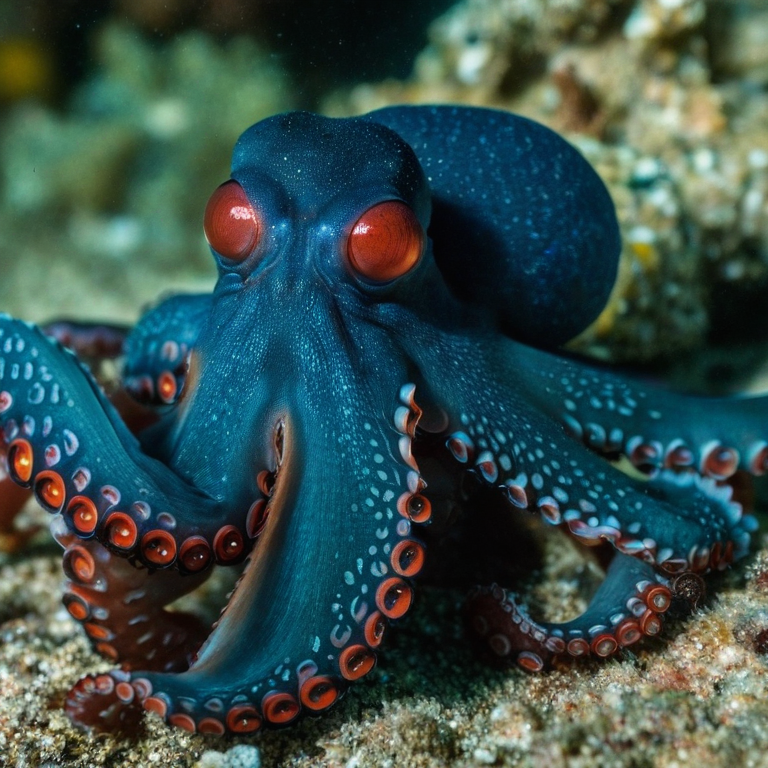 front shot,  photo of a red octopus  looks at viewer, cinematic shot