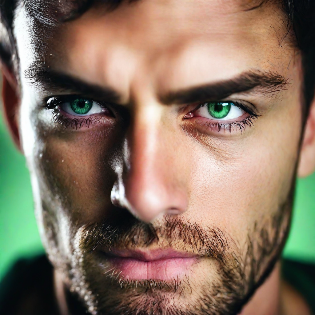 front shot, photo of a man with green eyes looks at viewer, cinematic shot
