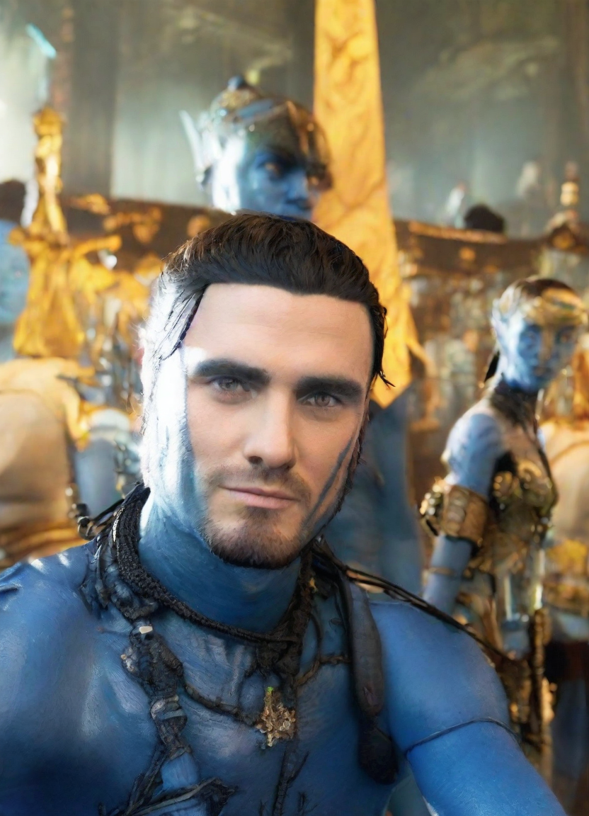 front shot, photo of Avatar movies blue people looks at viewer, cinematic shot