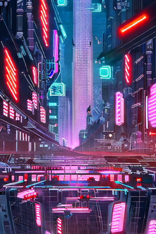An AI generated image representing "A futuristic cyberpunk cityscape at night, illuminated by neon signs and holographic advertisements, with flying cars zooming through the towering skyscrapers."