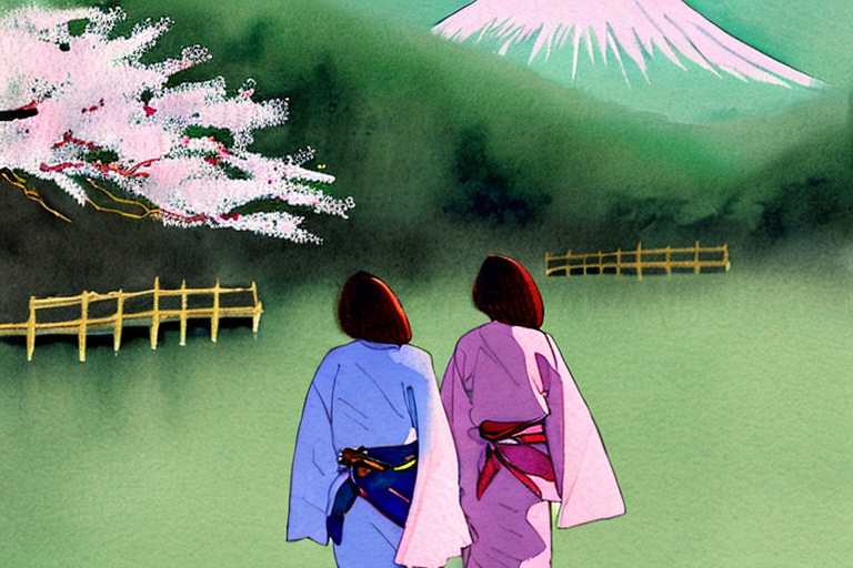AI generated art representing "cherry blossom in Japan, spring, mount fuji, 2 women wearing kimonos"