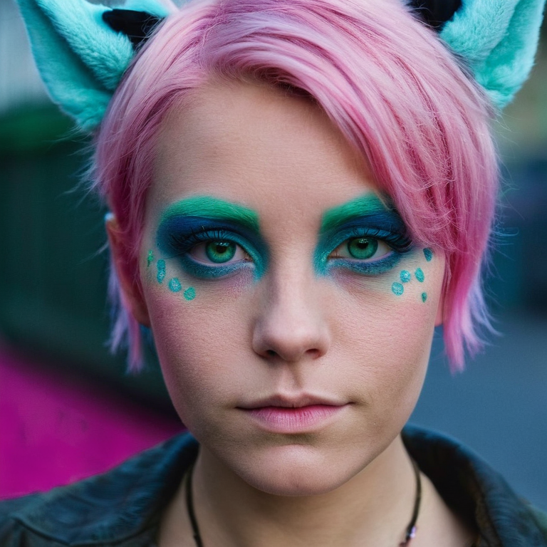 front shot, actor photo of a blue skin pink hair greeen ears  looks at viewer, cinematic shot