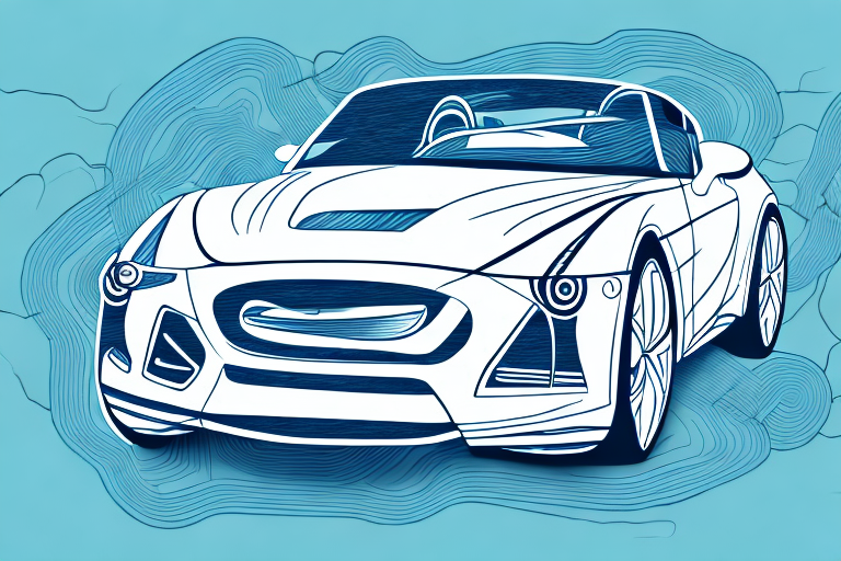 a sports car navigating a winding road with sharp turns, hand-drawn abstract illustration for a company blog, in style of corporate memphis, faded colors, white background, professional, minimalist, clean lines