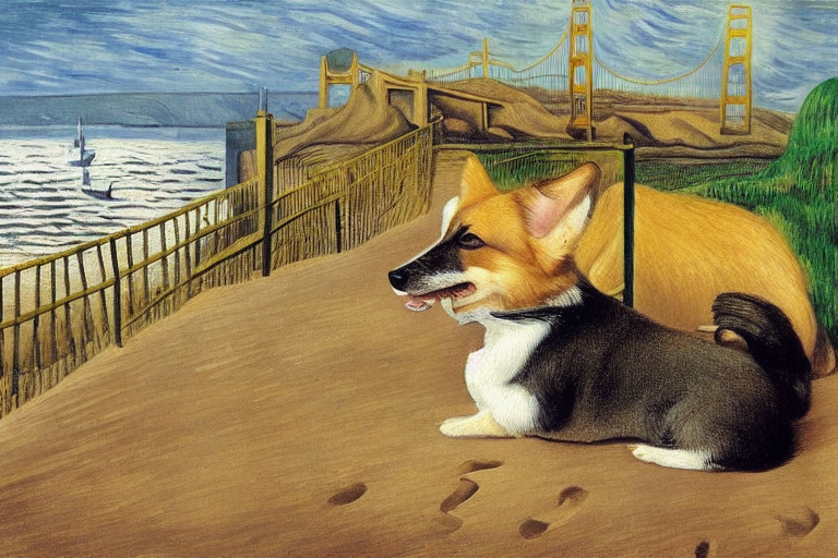 Sable haired heart shaped face Corgi with tail on sand at the beach, Golden Gate Bridge in background by Rene Magritte s