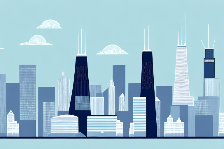 A City Skyline With A Modern Office Building In The Foreground, Representing A Chicago Social Media Company, Hand-Drawn Abstract Illustration For A Company Blog, In Style Of Corporate Memphis, Faded Colors, White Background, Professional, Minimalist, Clean Lines