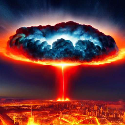 giant glowing atomic explosion clouds, nuclear war, erupting over metropolis, horror, terrifying, hyperdetailed, dynamic lighting, 8K resolution, wide-angle lens, sharp focus, IMAX, firey