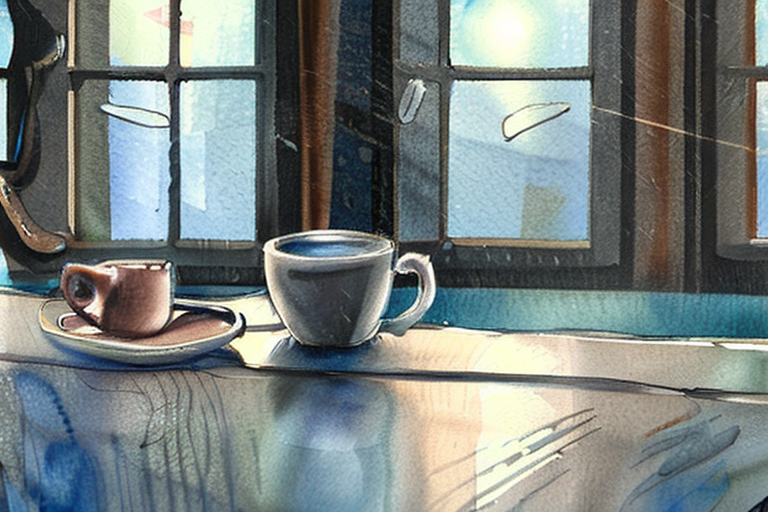 AI generated art representing "Generate a cozy watercolor scene depicting a window with raindrops streaming down the glass, a steaming cup of tea or coffee, and a soft, fuzzy blanket, using a color palette of cool blues, grays, and warm browns."