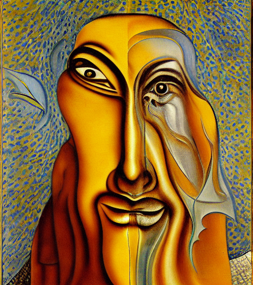 A monk with a distorted face 
 by Rene Magritte surrealist by Rembrandt by Picasso by Gustav Klimt