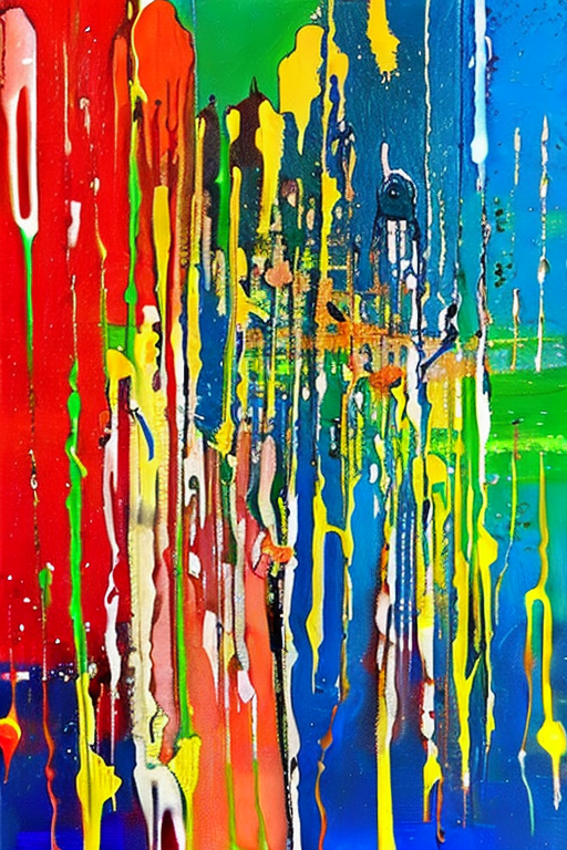 AI generated art representing "Abstract Drips and drizzles, in a Layered and textured manner, with a Spontaneous and energetic atmosphere - a vivid display of bold colours, overlapping shapes and textures, and a vibrant energy that dances across the canvas."