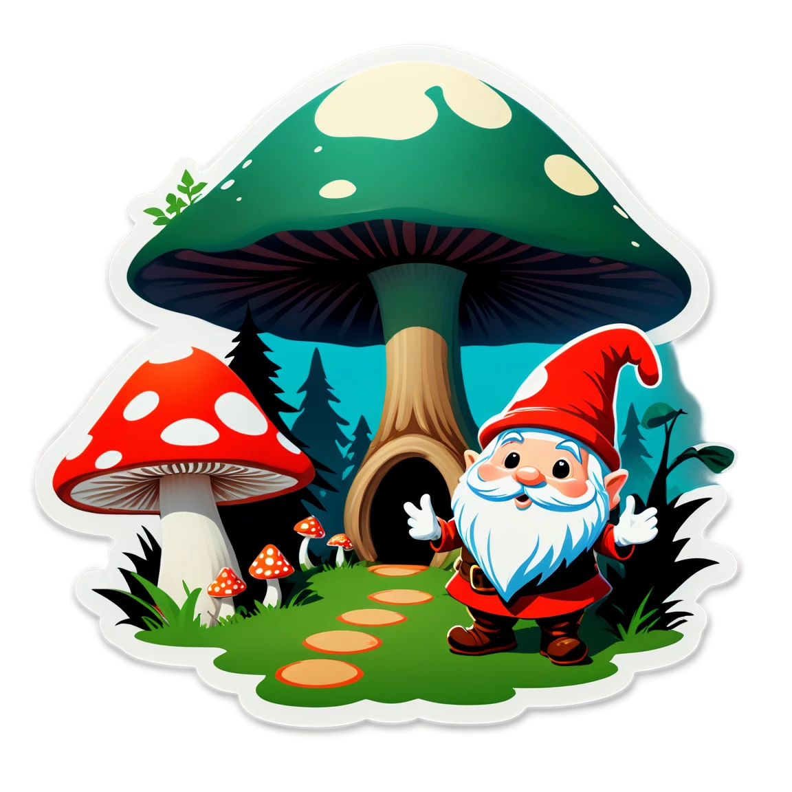 with a fairy ring, with a magical forest, with a mushroom village, with an enchanted look, with a gnome mushroom stickers