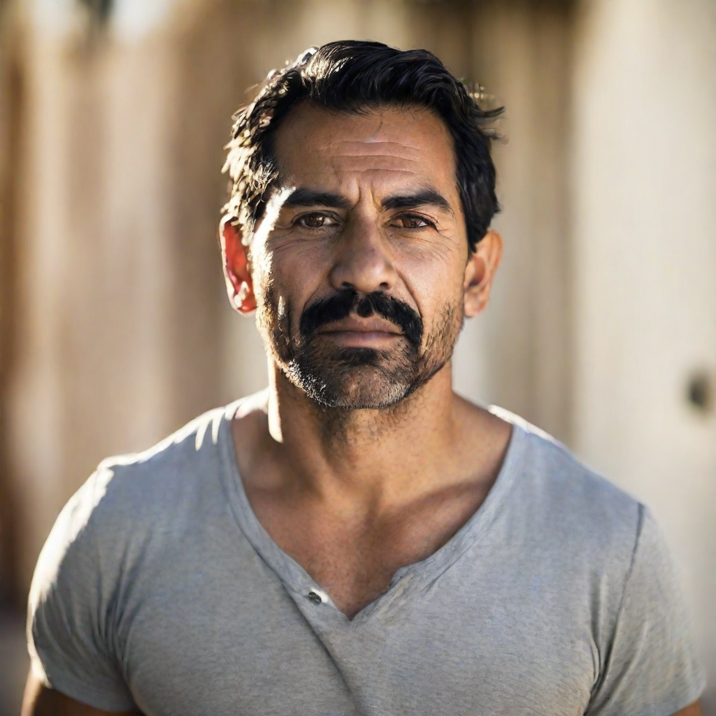 front shot, photo of Hispanic male approx 40 years old brown eyes, no beard  looks at viewer, cinematic shot