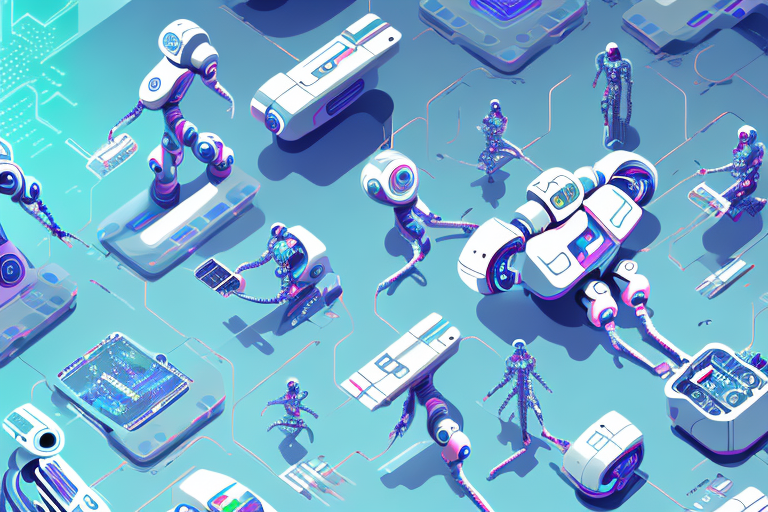 a futuristic landscape with robots and machines interacting with each other, hand-drawn abstract illustration for a company blog, in style of corporate memphis, faded colors, white background, professional, minimalist, clean lines