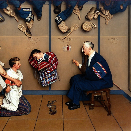 A young man performing CPR on an older man in the style of Norman Rockwell