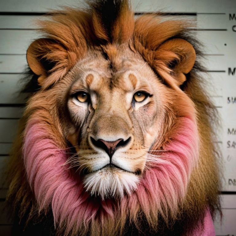 front shot, mugshot photo of a pink lion  looks at viewer, cinematic shot