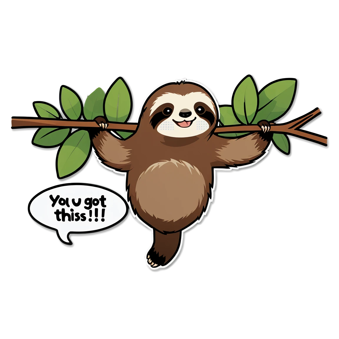 A slow-moving sloth hanging from a tree branch with a speech bubble saying, “You Got This!” cat stickers