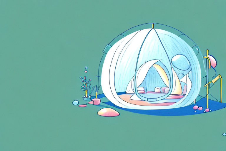 a bubble tent in a natural outdoor setting, hand-drawn abstract illustration for a company blog, in style of corporate memphis, faded colors, white background, professional, minimalist, clean lines