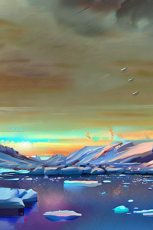 AI generated art representing "robots travel to Antarctica, at dawn, to investigate melting ice caps and flooding, hope is in the air, the year is 2084, deserted land, futuristic."