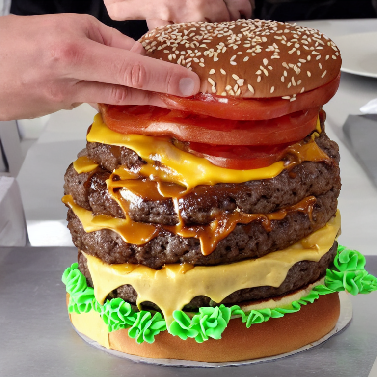 a burger eating cake