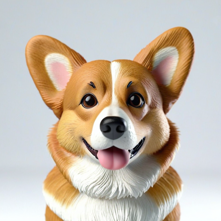 white background, front shot studio 3D render of corgi, cinematic shot