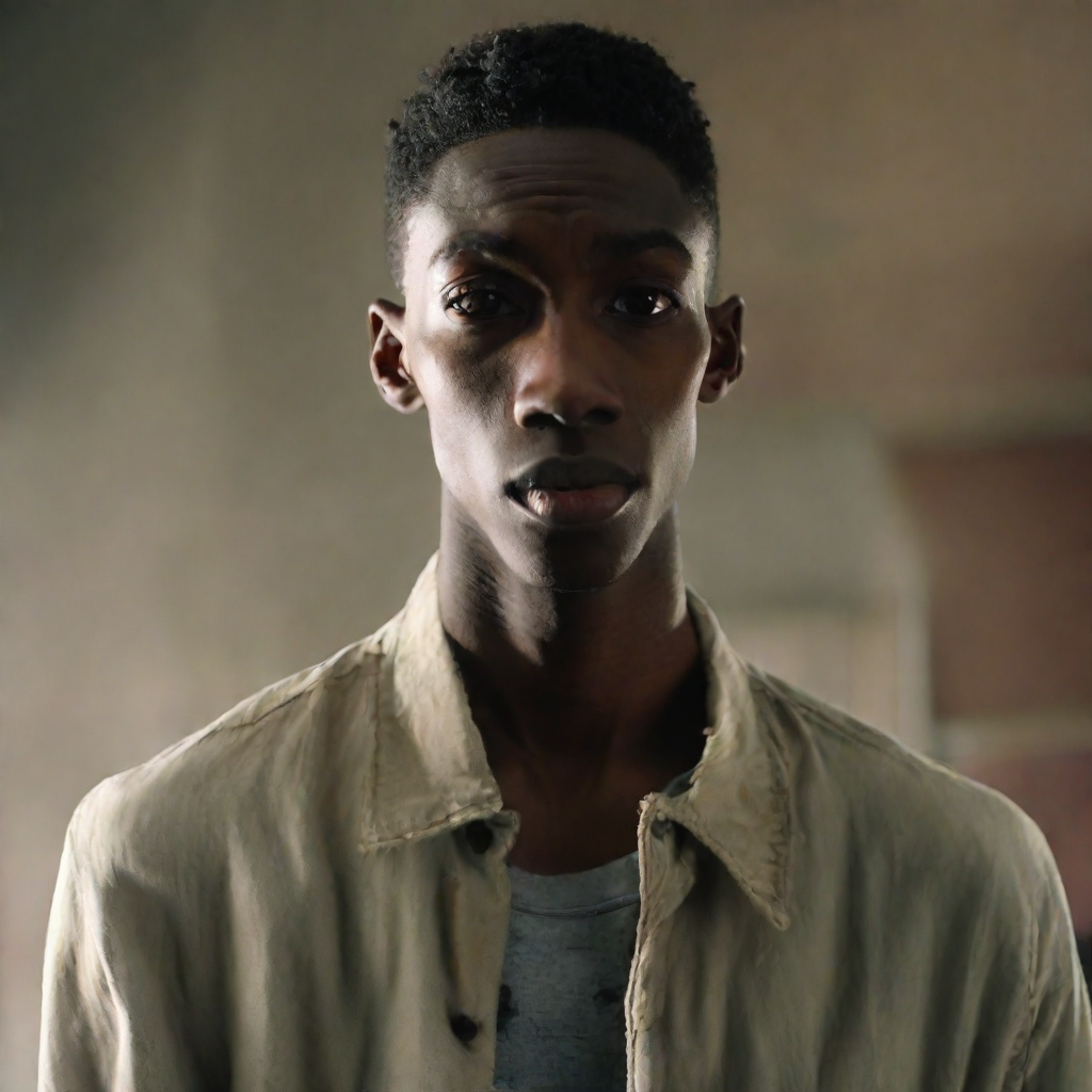 front shot, photo of Black male, skinny, approximately 5’8”, high school age 17  looks at viewer, cinematic shot