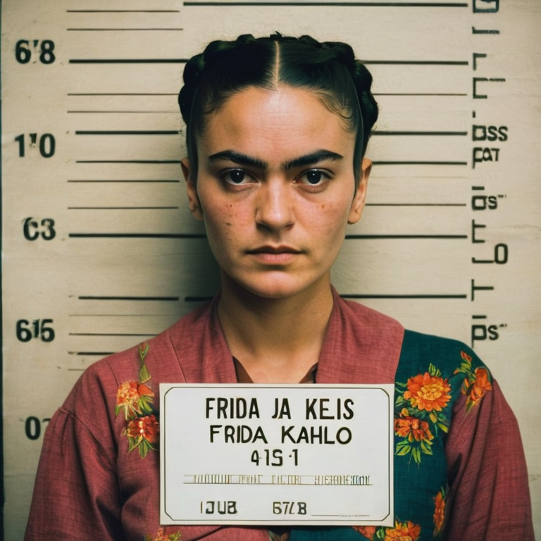 front shot, mugshot photo of a woman who looks like frida kahlo  looks at viewer, cinematic shot