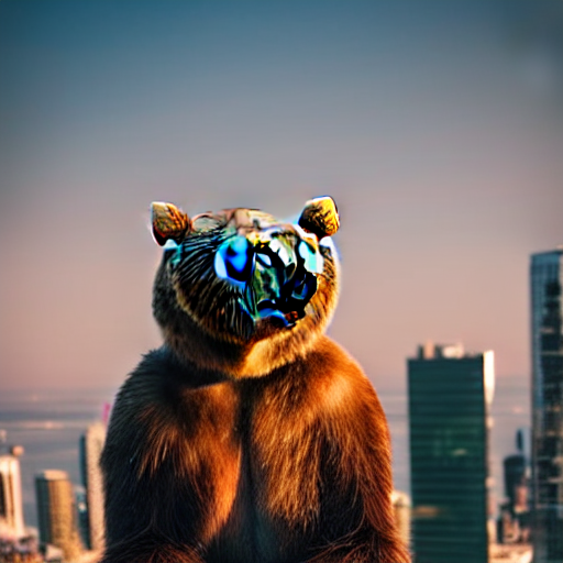 Long bearded Canadian hunting radioactive bear, top of a skyscraper
