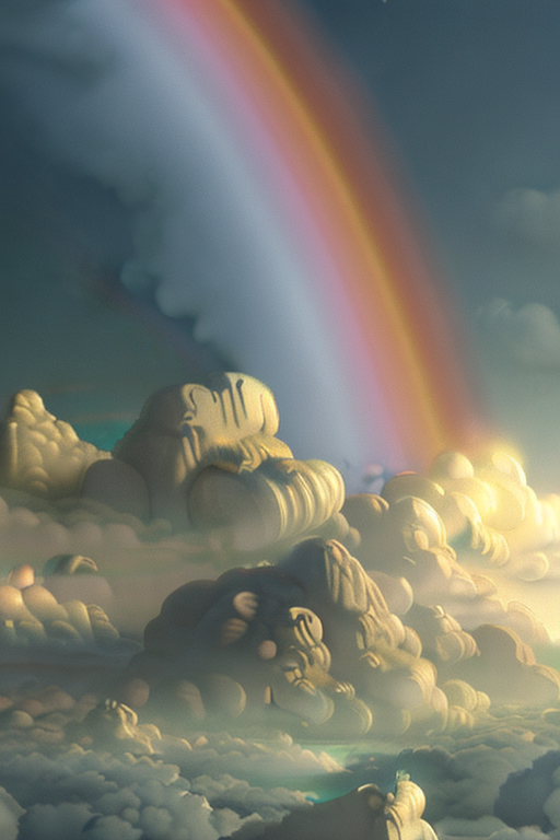 AI generated art representing "dreamland, unicorn riding through the clouds above sky islands, rainbow behind."