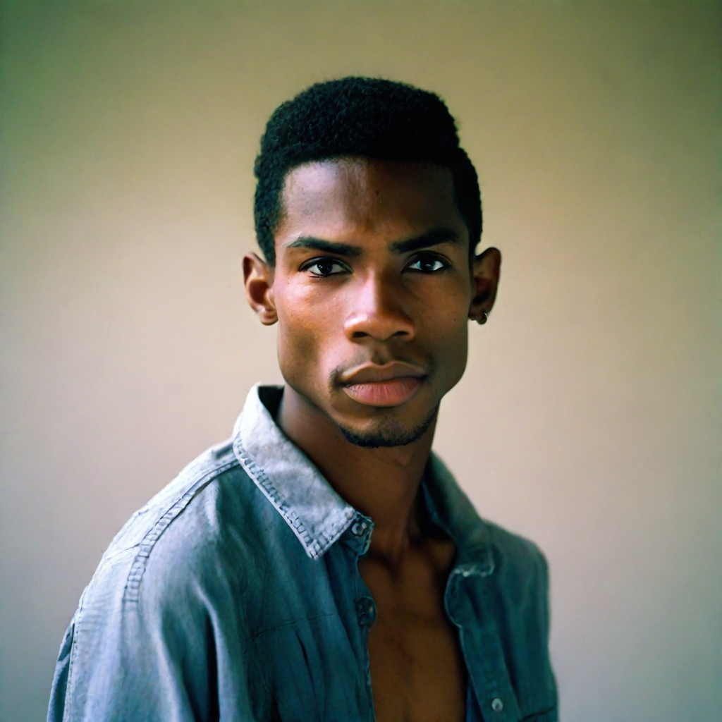 front shot, photo of Black hispanic male, skinny, approximately 5’8”, 24 years  looks at viewer, cinematic shot