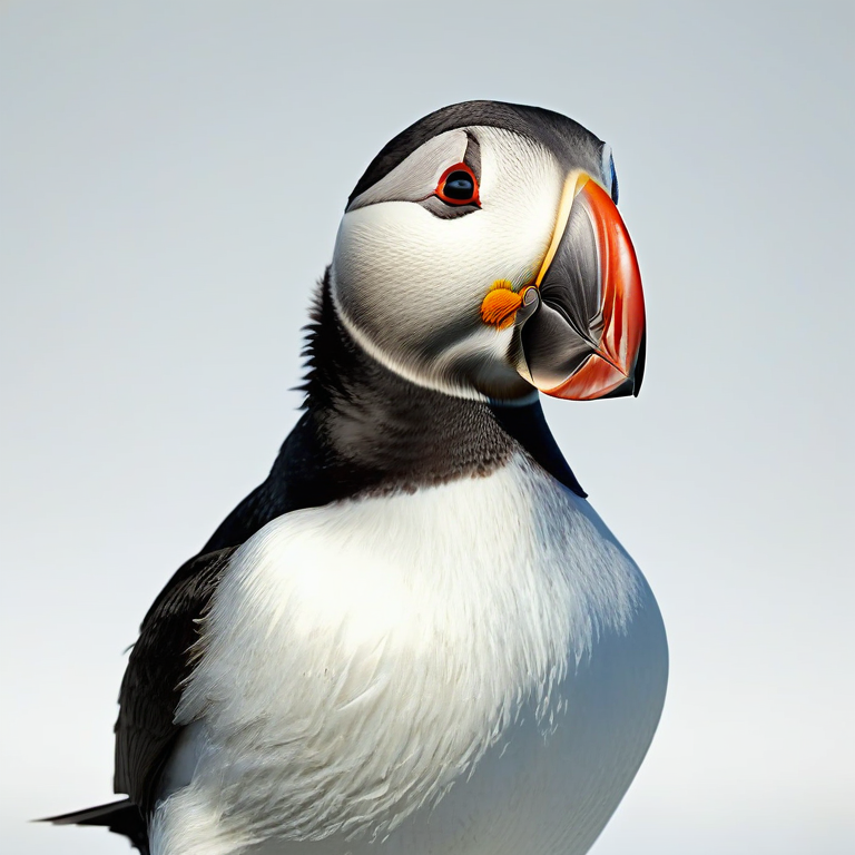 white background, front shot studio 3D render of puffin atlantic, cinematic shot