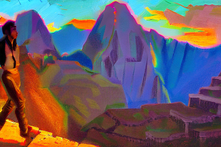 AI generated art representing "Machu Pichu, a golden hour masterpiece. A man and woman are silhouetted against the rising sun, with the eternal mountains in the background. A symphony of saffron, amber and violet, capturing the beauty of the moment. An ethereal, transcendent feeling fills the air."